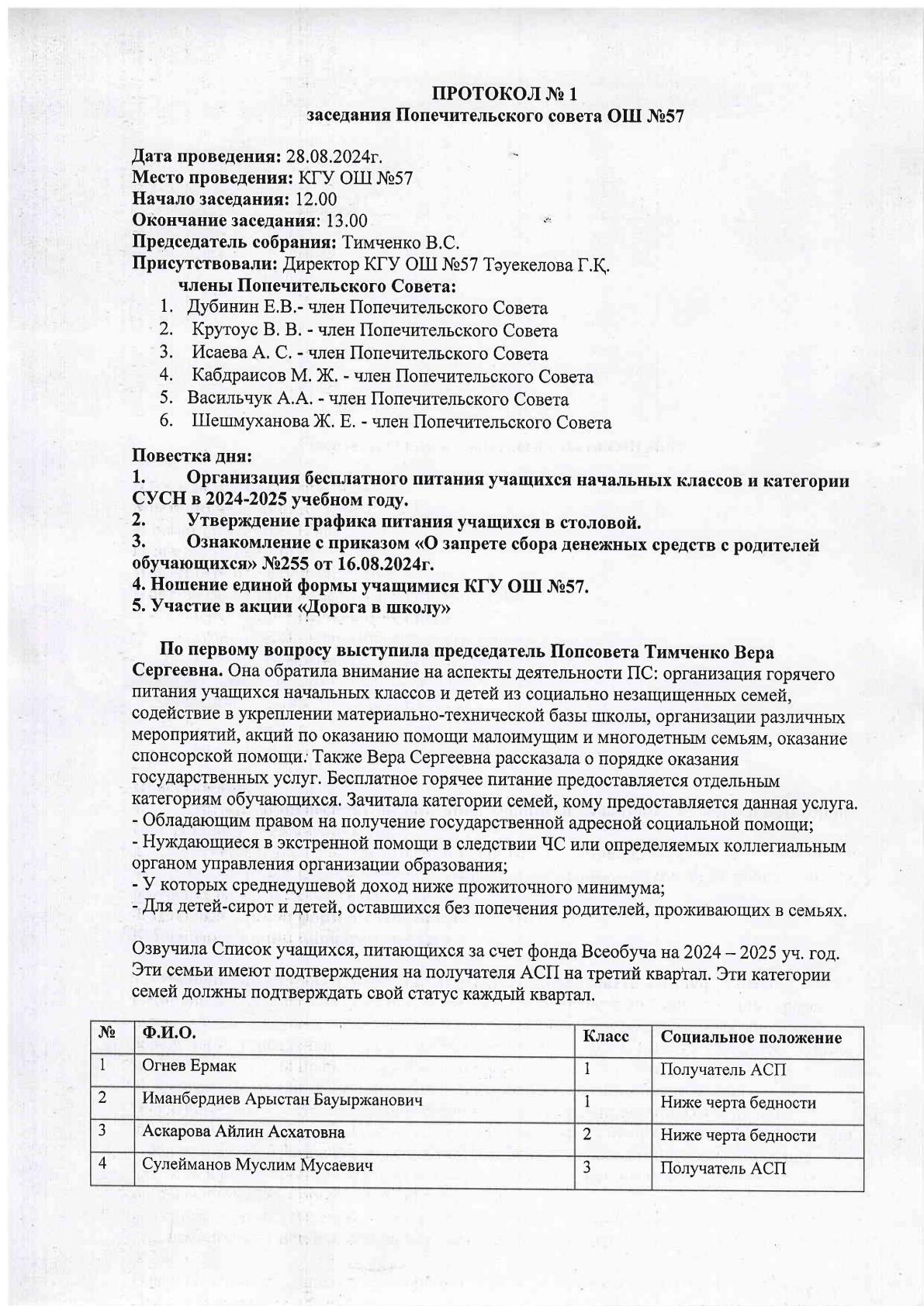 Қамқоршылық кеңес отырысының № 1 хаттамасы                                           Протокол № 1 заседания Попечительского Совета