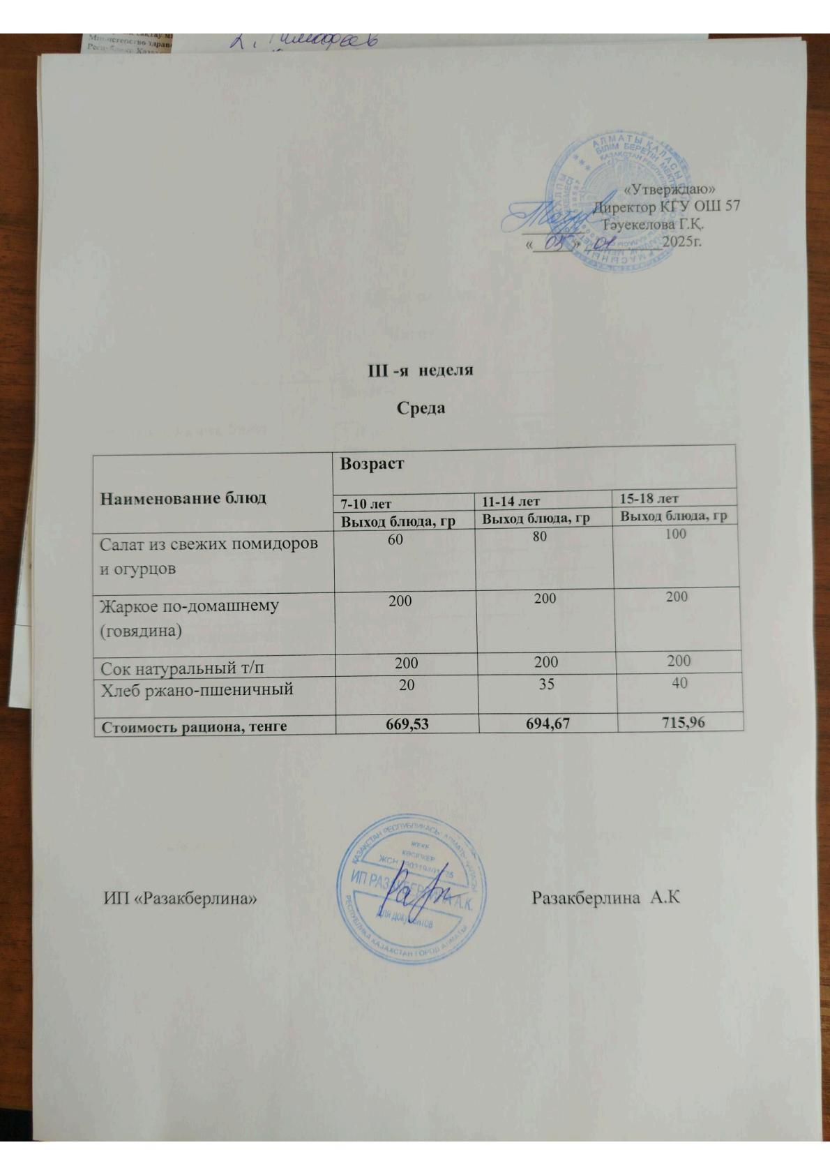 Меню 3 неделя, среда