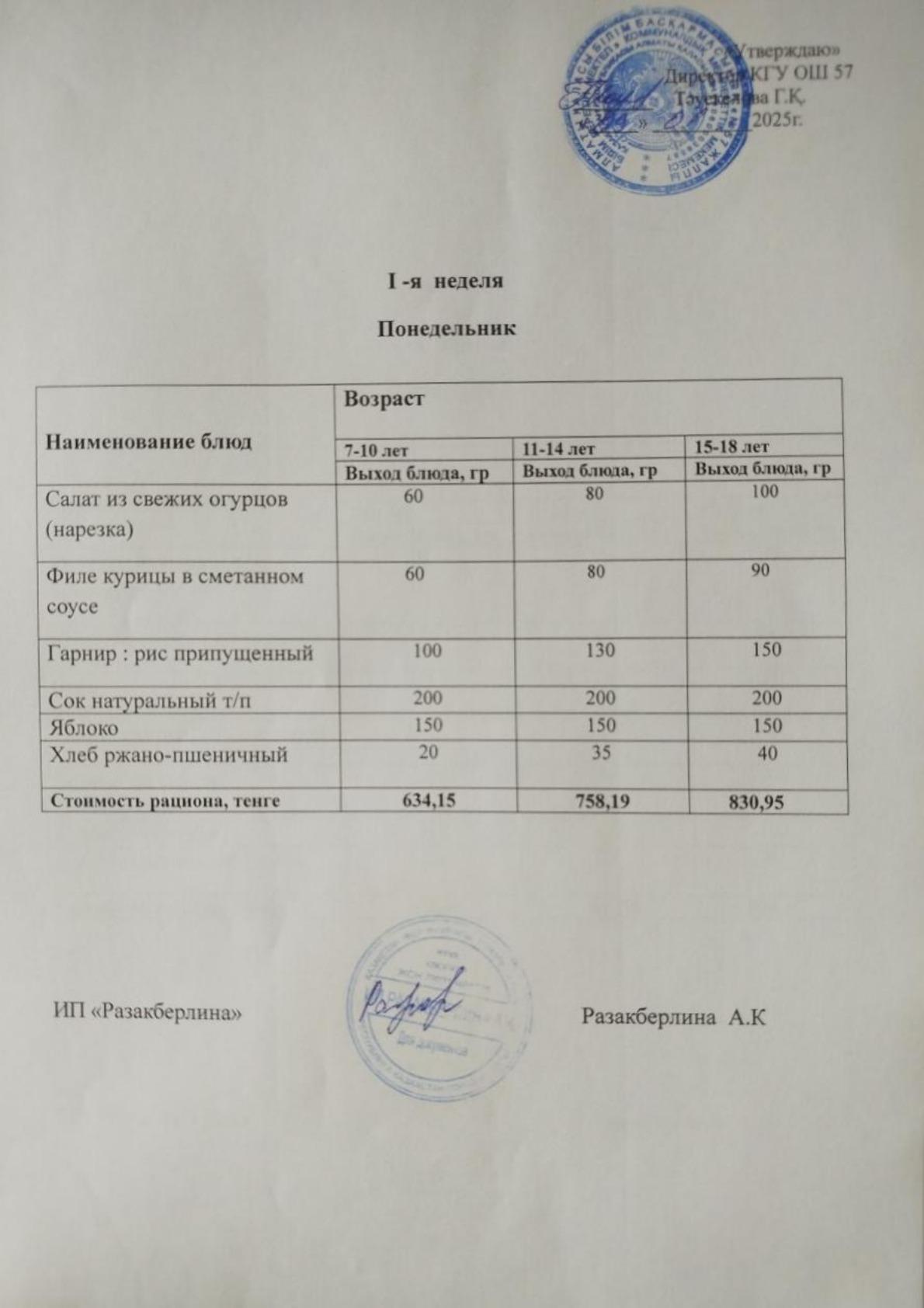 Ас мәзірі Меню лагеря