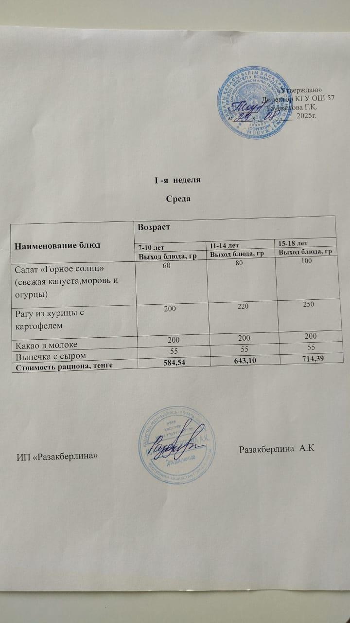 1-апта ас мәзірі, сәрсенбі Меню 1 неделя, среда