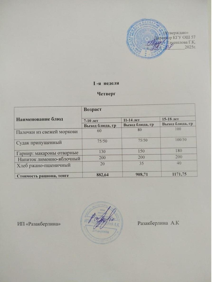 1-апта ас мәзірі, бейсенбі Меню 1 неделя, четверг