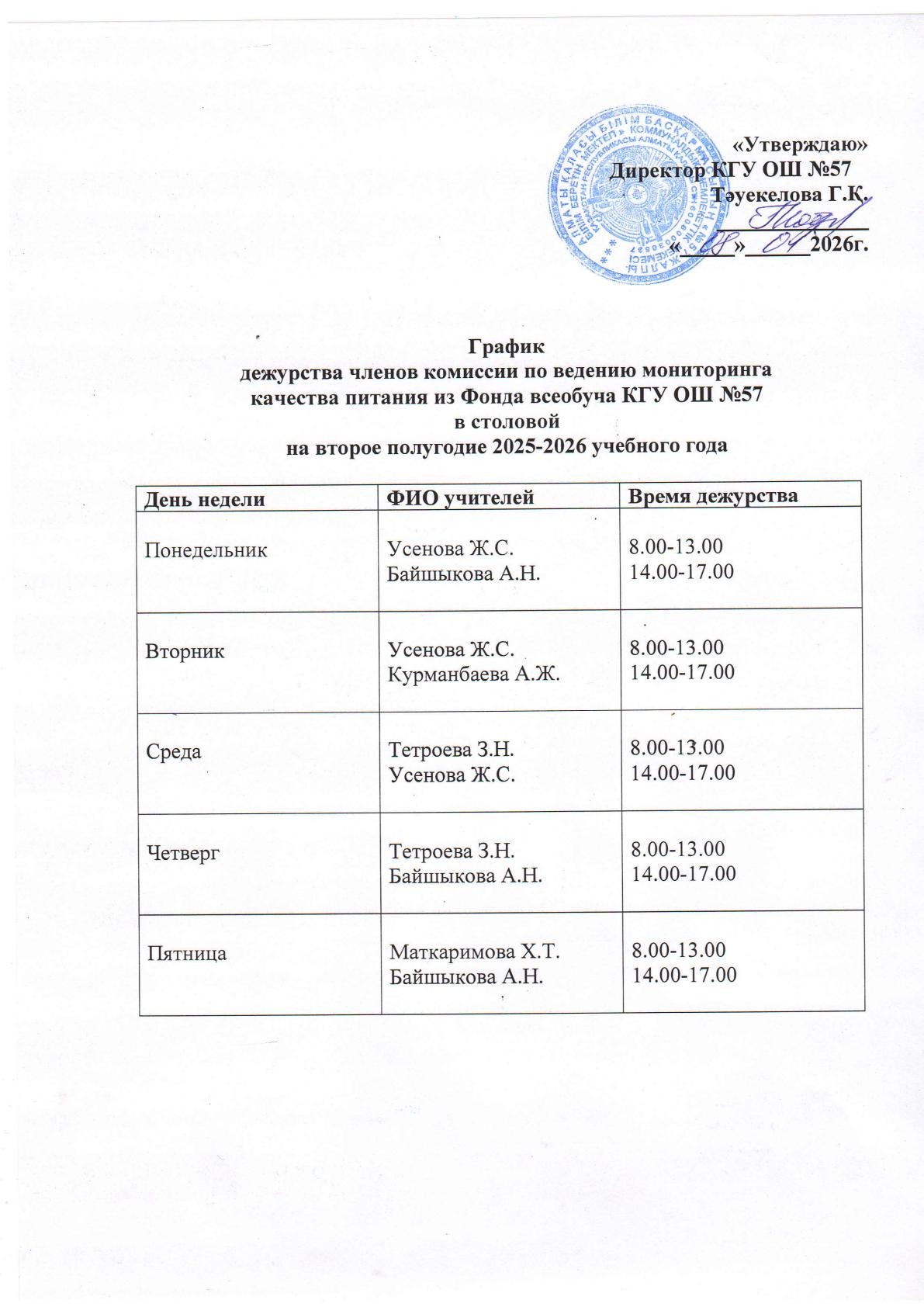 Тамақтану сапасына мониторинг жүргізу жөніндегі комиссия мүшелерінің кезекшілік кестесі. График дежурства членов комиссии по ведения мониторинга качества питания