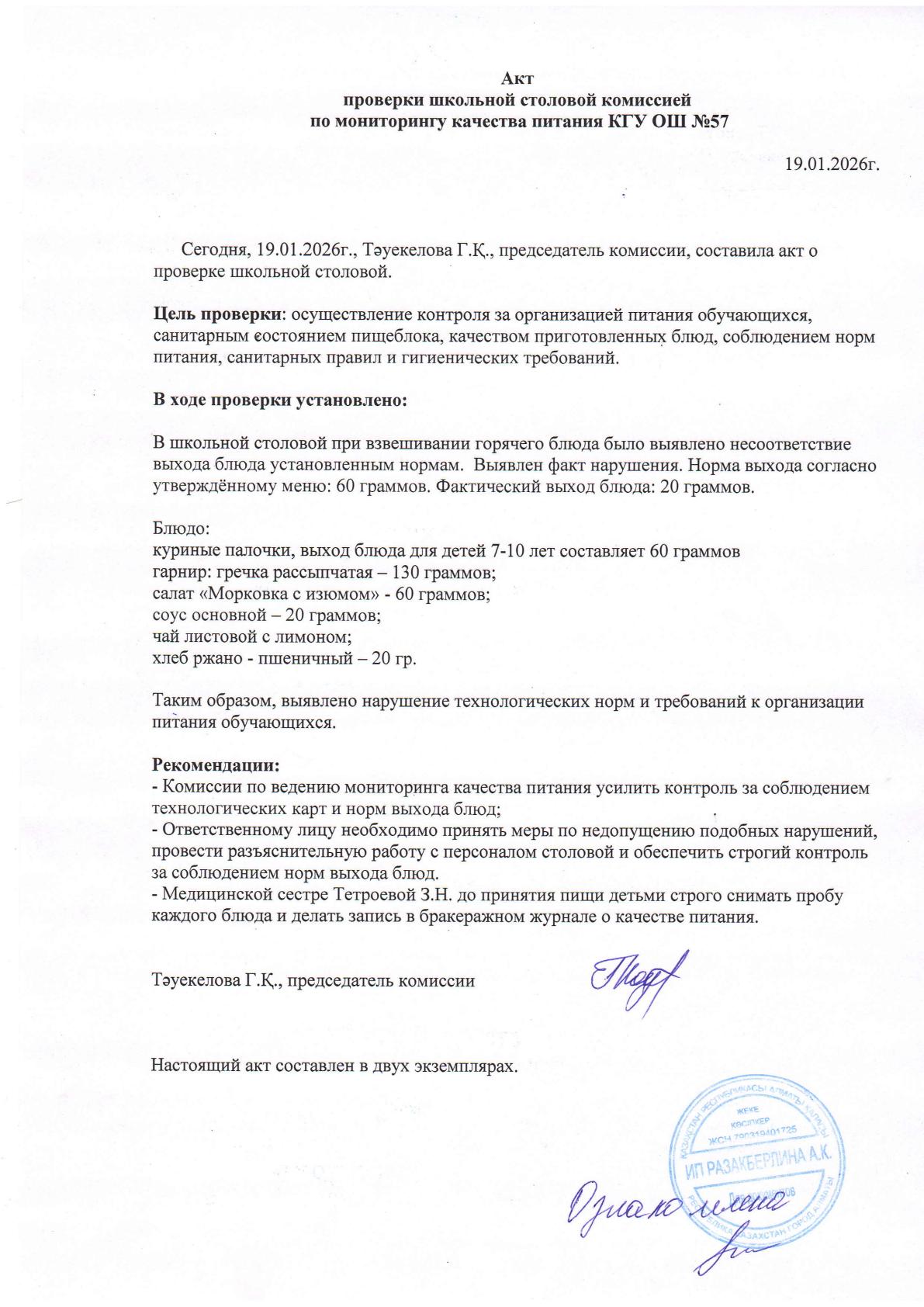 Акт проверки школьной столовой комиссией по мониторингу качества питания