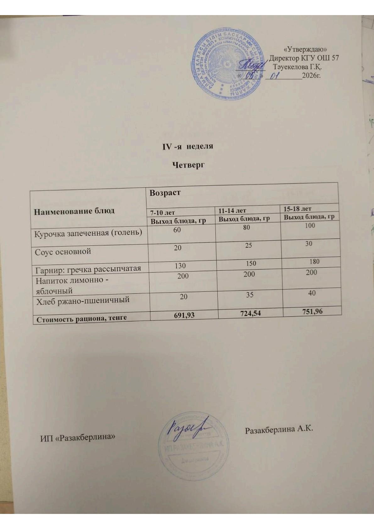 Меню 4 неделя, четверг