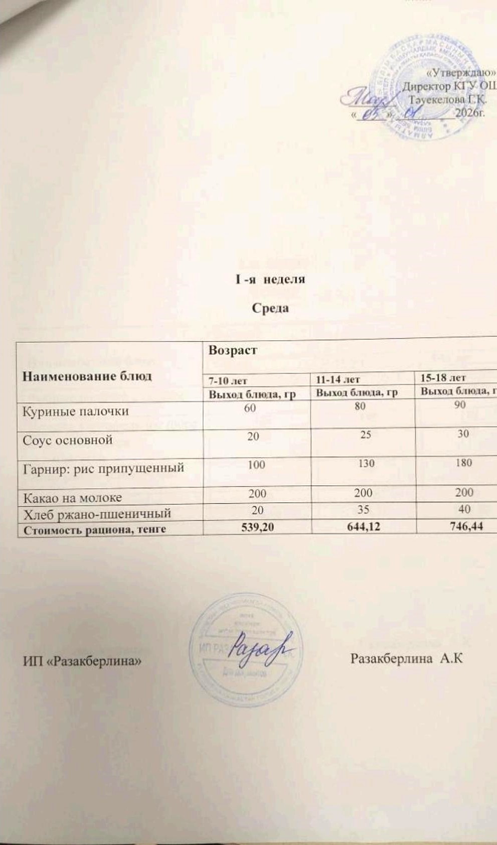 Меню 1 неделя, среда