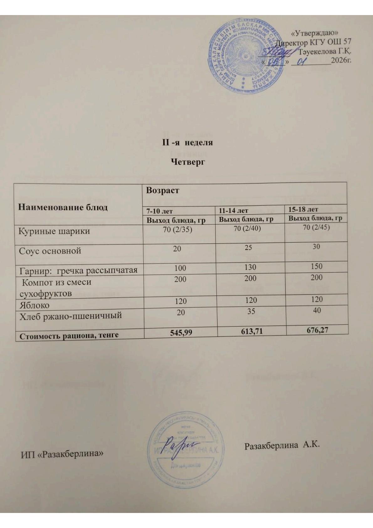 Меню 2 неделя, четверг